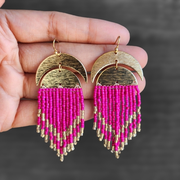 Moon Boho Brass Earrings Beaded Fringe Handmade Gold Plated Jewelry Boheme - Picture 2 of 2